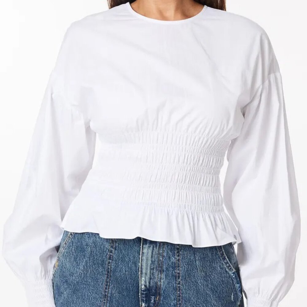 Scotch & Soda ! Smocked Balloon Sleeve Cotton Peplum Top( EU/38)